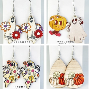 Halloween Wood Dangle Earrings Ghost Pumpkin Floral Pattern Boho Vintage Festival Jewelry For Women