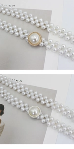 Détail de ceintures en perles tressées avec boucles fleur en strass or et argent
