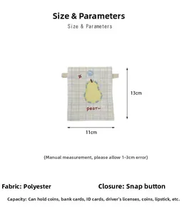Size chart for cute embroidered fruit pouch with button closure showing 13x11cm dimensions