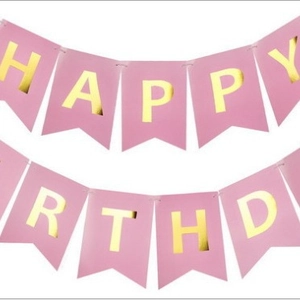 Pink Happy Birthday party banner with gold foil letters for celebratory decorations
