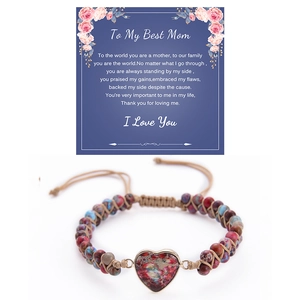 Handmade Natural Gemstone Heart Charm Beaded Bracelet Bohemian Adjustable Wax Rope With Greeting Card Gift For Women