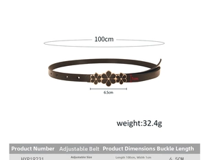 Size chart for slim floral belt with 100cm length, 1cm width, and 6.5cm buckle dimensions