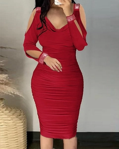 Red off-shoulder ruched dress with long sleeves and rhinestone embellishments