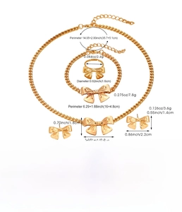 Detailed technical diagram showing dimensions and weight of golden bow jewelry set