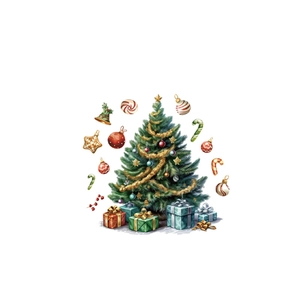 Watercolor Christmas tree wall sticker with gifts and festive ornaments on white background