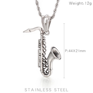 Detailed view of silver saxophone pendant made of stainless steel with dimensions 44x21mm
