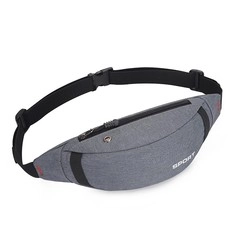 Detail view of the waterproof 400D Oxford fabric texture and headphone port on grey waist bag