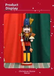 Macro view of hand-painted wooden nutcracker hunter figure with telescope and tray