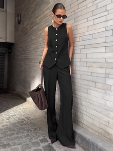 Women Elegant Sleeveless Waistcoat And High Waist Wide Leg Pants Business Professional Office Commute Solid Color