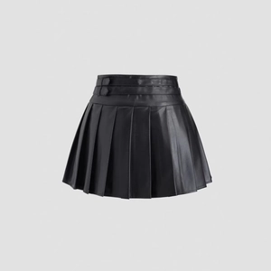 High waist black PU leather pleated mini skirt with a sleek A-line silhouette