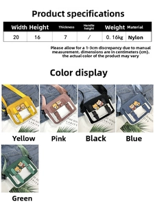 Size chart showing nylon crossbody bag dimensions: 20x16x7cm, available in five colors