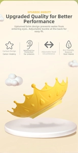 Detail of adjustable buckles on crown-shaped baby shower cap with ear protection flaps