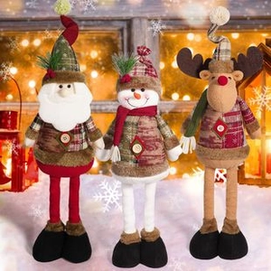 Detailed close-up of plush Santa, Snowman, and Reindeer dolls with telescopic long legs
