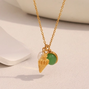 Conch Shell Artificial Pearl Green Gemstone Stainless Steel Necklace 18K Gold Plated Niche Trendy Jewelry For Women