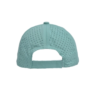 Detail view of mint green quick-dry cap with laser-cut holes and velcro strap