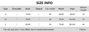Size chart for women's slim crop top and pleated skirt set with S, M, L measurements