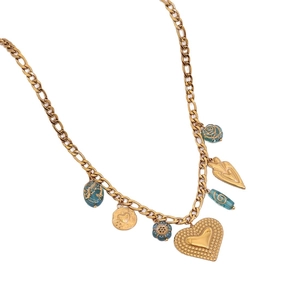 Gold stainless steel necklace with heart pendant and teal floral ceramic beads