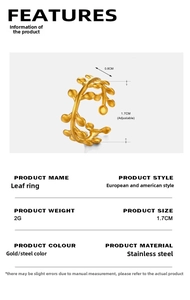 Detailed view of golden leaf ring with adjustable opening and precise size measurements