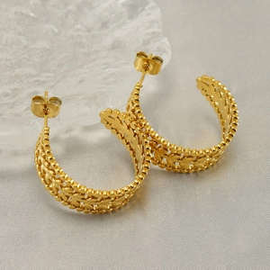 Hollow Wheat Ear C-Shaped Hoop Earrings For Women Stainless Steel Gold Plated Geometric Textured Minimalist Ins Style