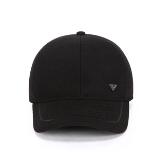 Men's winter wool baseball cap with ear protection and a small metal triangle logo detail