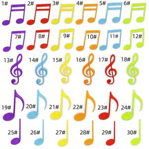 Detailed grid of 30 colorful music note embroidered patches with stitch texture