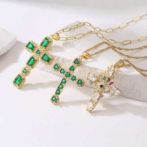 Cross Pendant Necklace Copper 18K Gold Plated Emerald Green Zircon Evil Eye Religious Vintage Elegant Jewelry For Women
