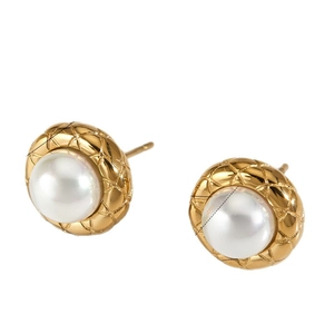 Elegant gold earrings with white pearl center and quilted texture design for women