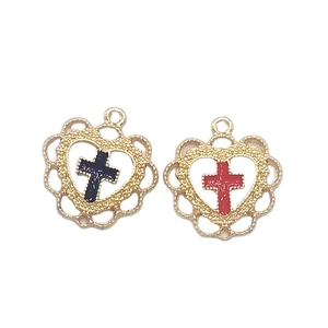 20mm gold lace heart pendants with black and red enamel crosses for DIY jewelry