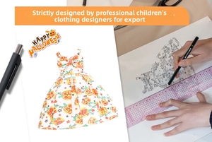 Detailed technical sketch and print layout of a girls Halloween pumpkin princess dress