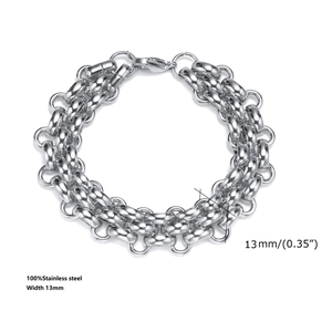 Detailed macro view of 13mm wide stainless steel chunky chain bracelet with lobster clasp