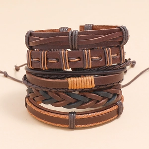 Set of six multilayer braided leather bracelets in black and brown vintage style