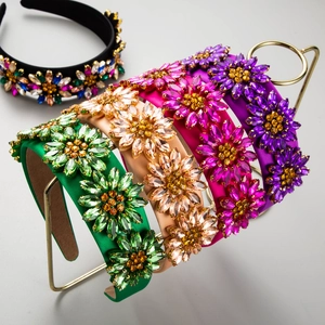 Baroque Retro Rhinestone Sunflower Wide Headband Women Luxury Floral Full Crystal Embellished Satin Fabric Hair Hoop Accessory