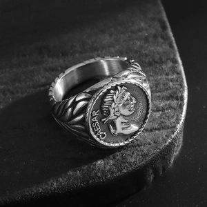 Vintage stainless steel Julius Caesar coin ring with embossed portrait and woven texture
