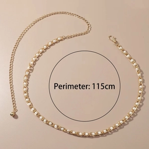 Detail of 115cm golden metal chain belt featuring white pearls and adjustable lobster clasp