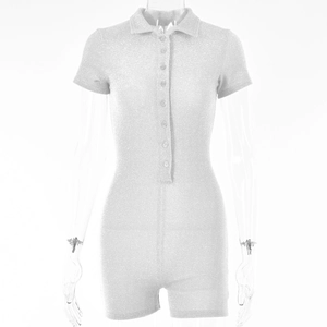 Sparkly silver short sleeve romper with lapel collar and buttons on a white background