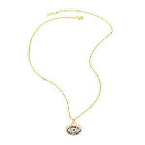 Golden Evil Eye necklace with colorful stones and blue eye pendant on adjustable O-chain