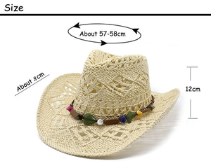 Detailed size specifications for woven straw cowboy hat with colorful stone beads