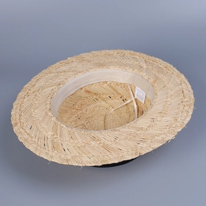 Flat top raffia straw sun hat with inner sweatband and adjustable drawstring detail