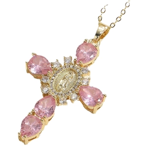 Cross pendant necklace with pink pear-shaped zircons and Mary emblem on white background