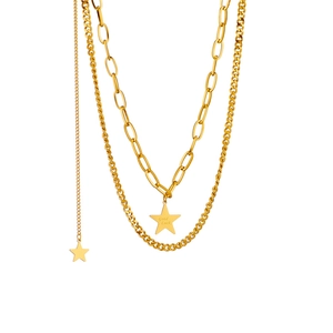 Golden layered titanium steel necklace with star pendants and Good Luck engraving