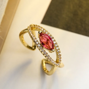 Luxury gold plated open ring with marquise red gemstone and pave set crystals