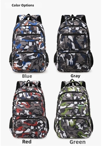 Detail view of fashion camouflage backpacks in blue, grey, red, and green color options