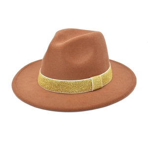 Classic brown wool fedora hat with gold glitter band and wide brim for autumn and winter