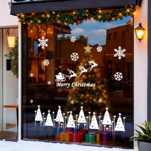 Christmas Window Stickers White PVC Static Cling Snowflake Santa Sleigh Reindeer Holiday Glass Door Decor Adhesive-Free