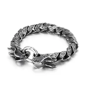 Men Double Dragon Head Bracelet 316L Stainless Steel Vintage Antique Finish Dragon Scale Biker Punk Jewelry