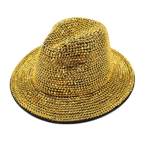 Luxurious gold rhinestone fedora hat with sparkling crystals for stage performance