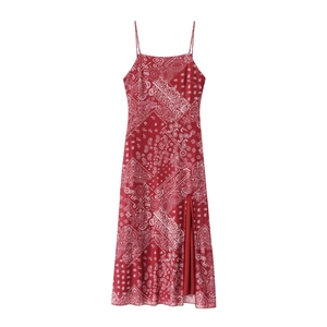 Paisley Print Spaghetti Strap Midi Dress Sexy Backless Lace Up High Split Polyester Casual Vacation For Women