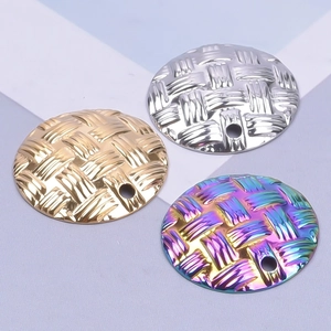 Round 18K gold-plated stainless steel charms with woven texture in gold silver and rainbow