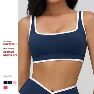 Women Sports Bra Square Neck Contrast Piping Naked Feel Yoga Top High Elasticity With Removable Pads Nylon Spandex Fitness