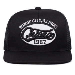 Retro Chicago 1967 embroidered trucker hat with black breathable mesh and snapback
